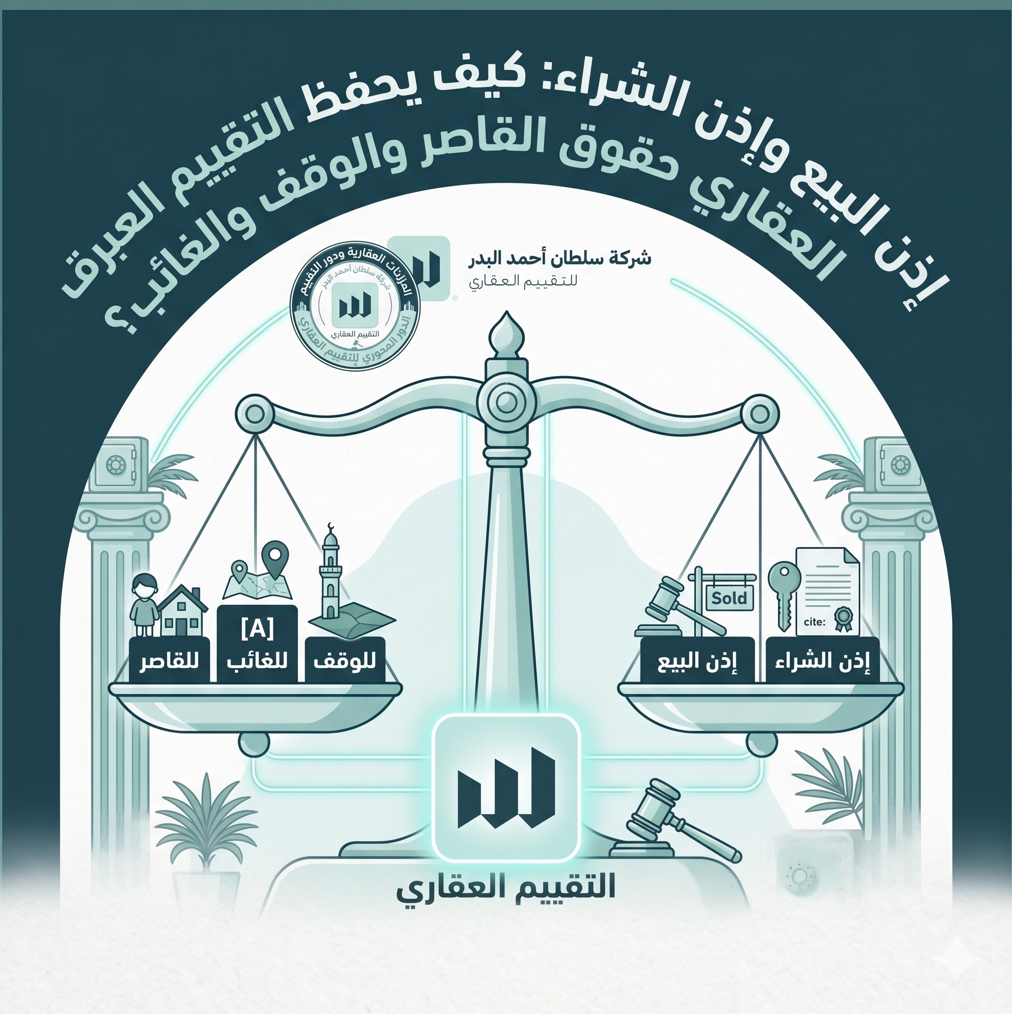إنفوجرافيك إذن البيع وإذن الشراء يوضح دور التقييم العقاري في حماية حقوق القاصر والوقف والغائب مع ميزان العدالة